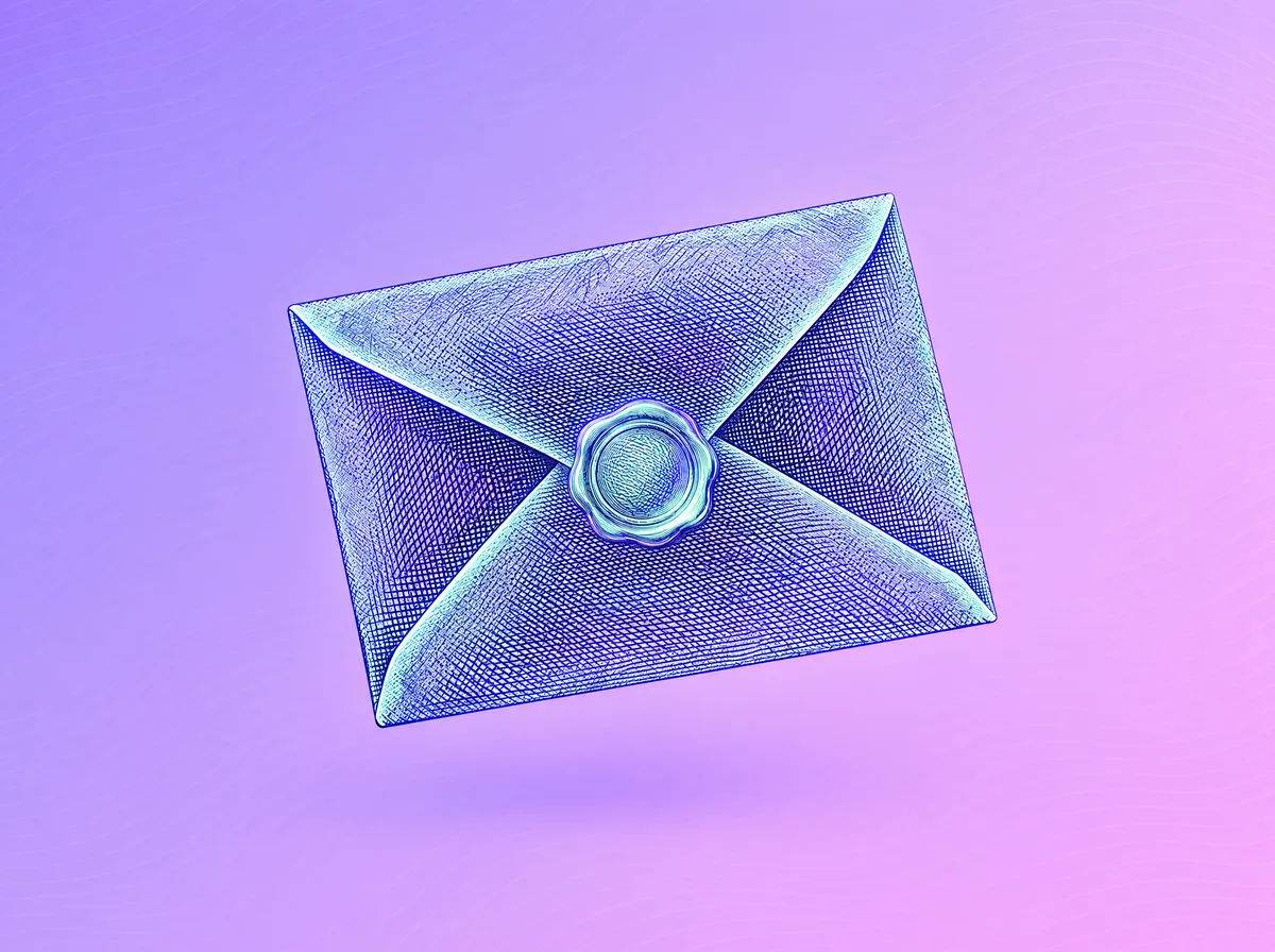 Engraved illustration of a sealed envelope with a wax seal, floating on a violet-to-pink gradient.
